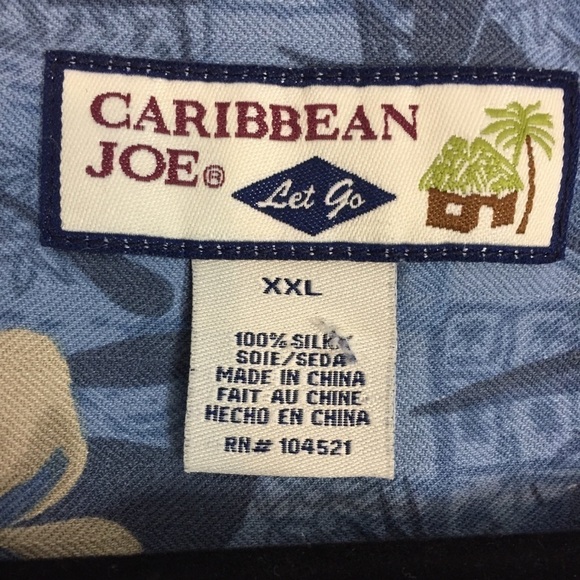 Caribbean Joe Silk Hawaiian Shirt Mens XXL Blue Bamboo Pattern Wooden Buttons - Picture 7 of 10